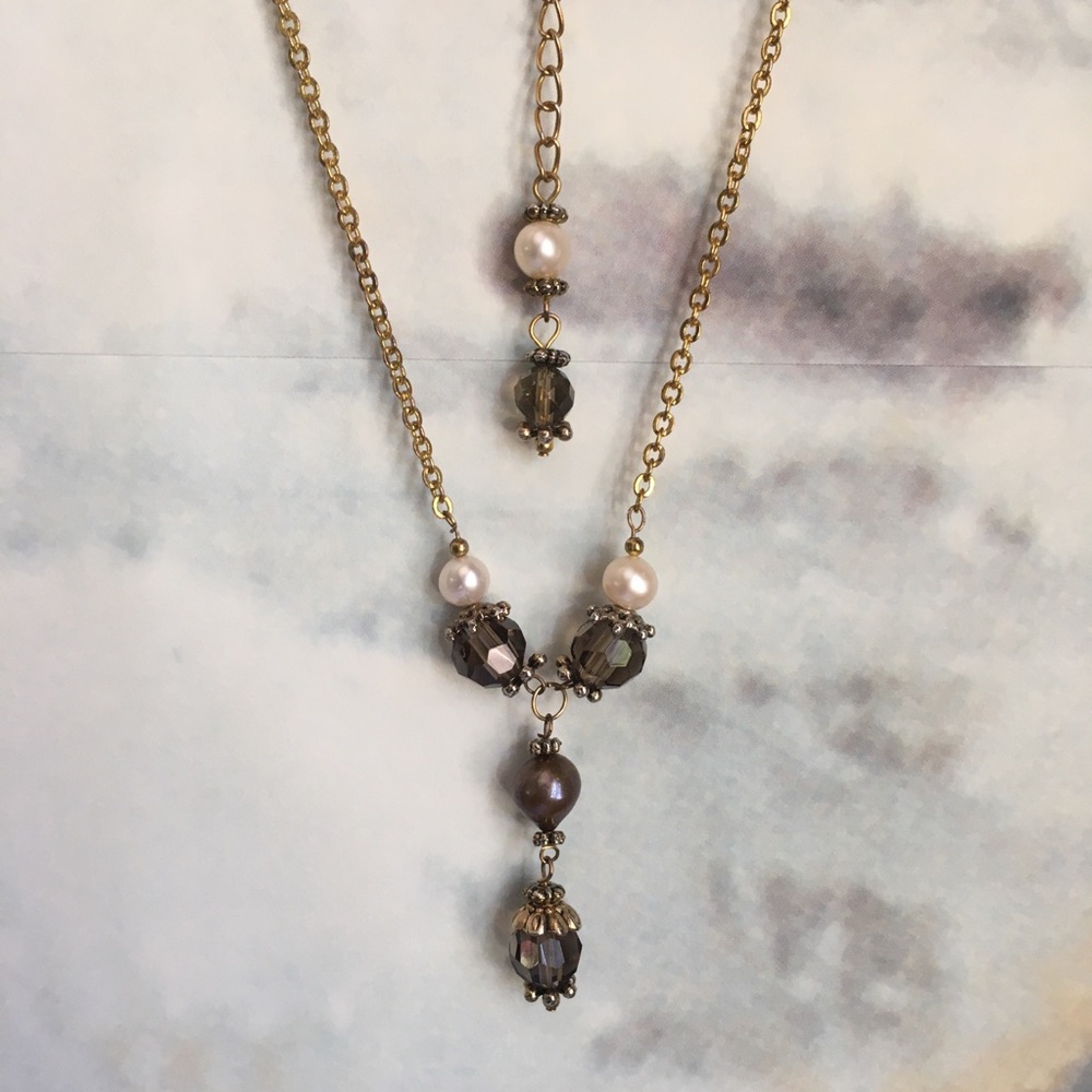 Fresh Water Pearl And Glass Bead Y Pendant Gold Tone Chain Necklace 29”
